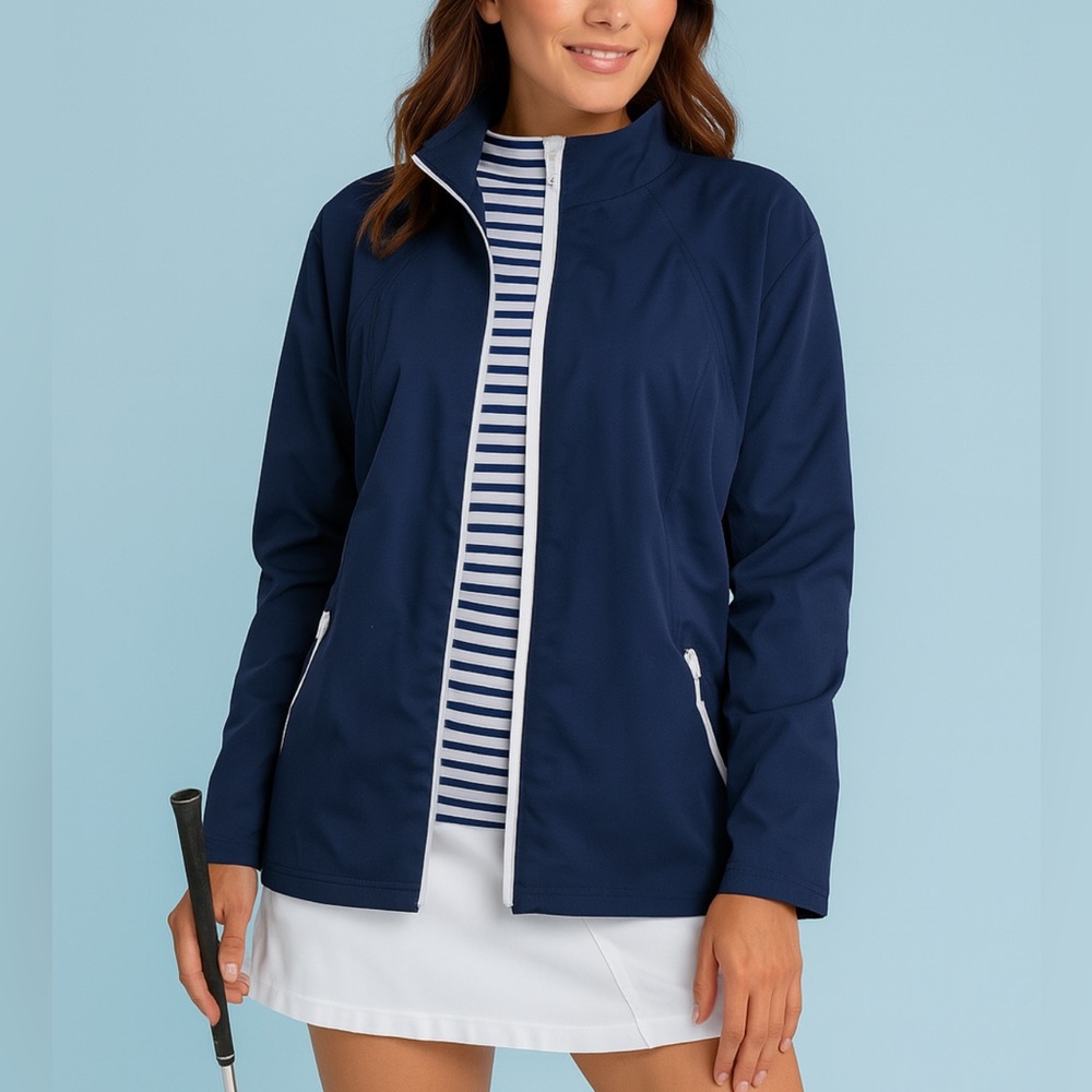 Chicos Weekends Women's Blue Full Zip Mock Neck Jacket sz 3 Nautical Resort Golf